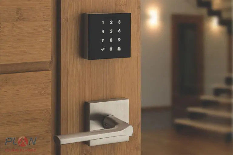 قفل هوشمند که یک صفحه نمایش لمسی سیاه دارد و روی یک درب چوبی قهوه‌ای نصب شده است.